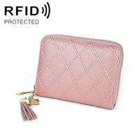 KB213 Diamond Texture Zipper Cowhide Leather Double Row Organ Shape Multiple Card Slots Anti-magnetic RFID Wallet Clutch Bag for Ladies (Light Pink)