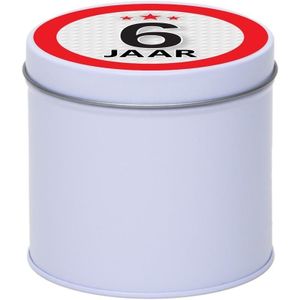 Cadeau/kado wit rond blik 6 jaar 10 cm