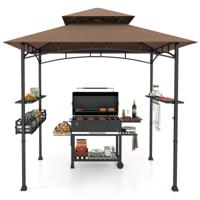 Grillpaviljoen met Dubbel Dak & Zijkasten & Metalen Mand Grilloverkappingen Grillonderstand Bruin