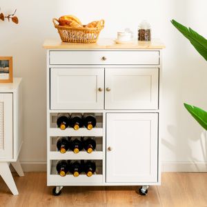 Keukentrolley met Rubberen Houten Blad Lade 3 Rijen Wijnrekken 2 Kasten Rollend Opslag Trolley Kar Wit 67 x 37 x 86 cm