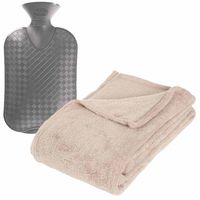 Fleece deken/plaid Licht Beige 125 x 150 cm en een warmwater kruik 2 liter - Plaids