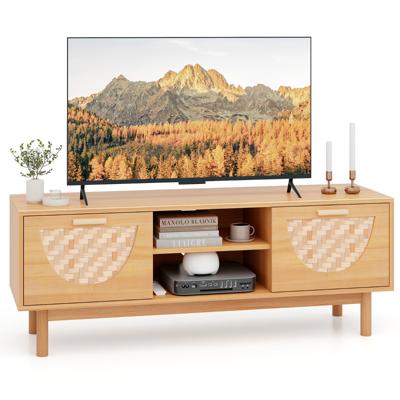 TV-Standaard voor TV's tot 55 Inch Moderne Mediaconsoletafel met Open Planken en Laden van Bamboeweefsel en Houten Poten