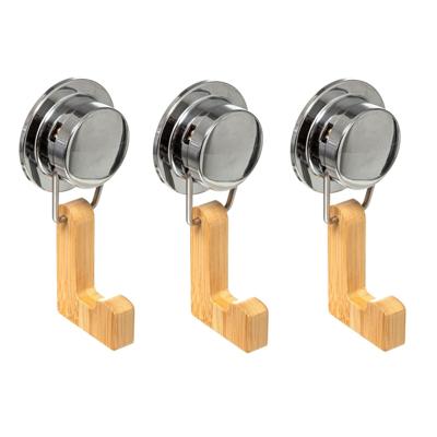 Badkamer handdoekhaakje/ophanghaakje - Set van 3x stuks - bamboe hout - met zuignap