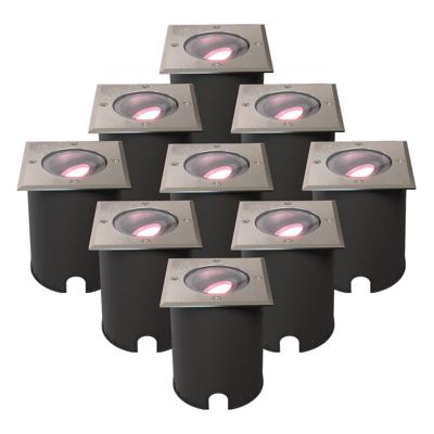 Set van 9 Cody - Smart LED Grondspot - IP67 waterdicht - 5,5 Watt 345 Lumen - Kantelbaar - Overrijdbaar - Vierkant - Wifi + Bluetooth - RGBWW - GU10 - Google Home, Amazon Alexa en Siri - RVS