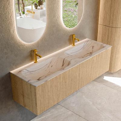 Badmeubel Mondiaz Kurve-Dlux | 150 cm | Meubelkleur Oak | Wastafelkleur Nata | Solid surface | Wasbak beide zijden spoelbak | 2 kraangaten