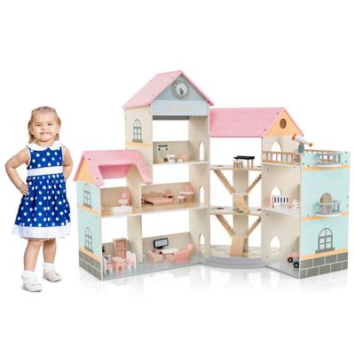 Houten Hoekpoppenhuis Poppenhuis met Roze Dak en 41 Meubels en Accessoires Doe-Het-Zelf-Droomhuis met 3 Verdiepingen
