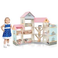 Houten Hoekpoppenhuis Poppenhuis met Roze Dak en 41 Meubels en Accessoires Doe-Het-Zelf-Droomhuis met 3 Verdiepingen