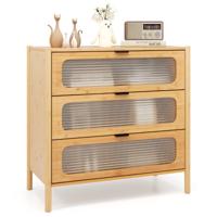 3-Ladenkast Opbergkast in Mid-Century Moderne Stijl met Gestreepte Gehard Glazen Voorkant Opbergkast van Bamboe voor Woonkamer