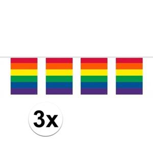 Regenboog vlaggenlijn - 3x - 10 meter - plastic - vierkante vlaggetjes - Gay pride versiering