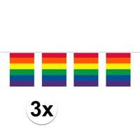 Regenboog vlaggenlijn - 3x - 10 meter - plastic - vierkante vlaggetjes - Gay pride versiering