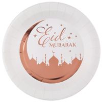 Ramadan thema Eid Mubarak suikerfeest bordjes - 10x - karton - 22 cm - wit/rose goud - thumbnail