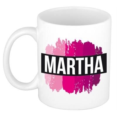 Martha naam cadeau koffie mok - beker - met roze verfstrepen - Cadeau collega - moederdag