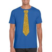 Blauw fun verkleedkleding t-shirt - met stropdas - in glitter goud - heren - korte mouwen