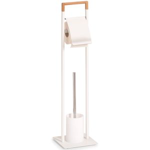 1x Toiletborstels met toiletrolhouder wit metaal/bamboehout 75 cm