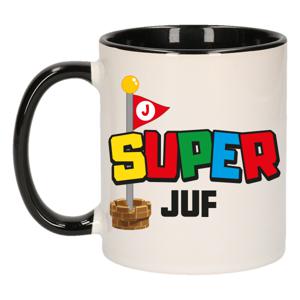 Cadeau koffie/thee mok voor Juf/mentor - zwart - super Juf - keramiek - 300 ml