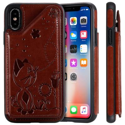 Voor iPhone X kat Bee reliëf patroon schokbestendige beschermhoes met kaartsleuven & fotolijstjes (bruin)