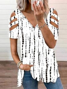 Tribal Geometric Striped Casual Hollow Out V Neck Loosen Short Sleeve Tunic T-Shirt