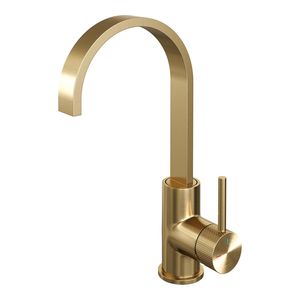 Wastafelmengkraan Brauer Gold Carving Coldstart Opbouw Hoog Plat Gebogen Ronde Hendel Geborsteld Goud PVD PVD