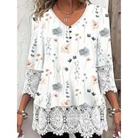 Dames Blouse Bloemig Kant nappi Dagelijks Elegant Casual 3/4 mouw V-hals Zomer Lente Lightinthebox