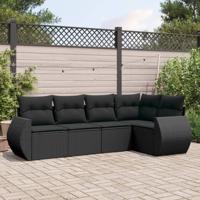 5-delige Loungeset met kussens poly rattan zwart