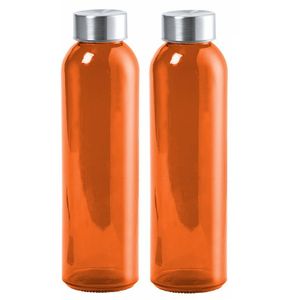 Glazen waterfles/drinkfles/sportfles - 2x - oranje transparant - met RVS dop - 500 ml