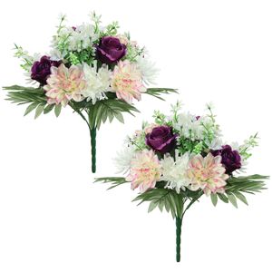 Kunstbloemen boeket roos/dahlia - 2x stuks - paars/creme - H36 cm - Bloemstuk - Bladgroen