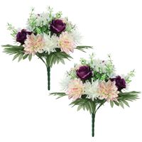 Kunstbloemen boeket roos/dahlia - 2x stuks - paars/creme - H36 cm - Bloemstuk - Bladgroen