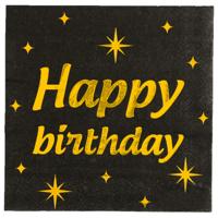 Verjaardag feest servetten - Happy Birthday - 16x stuks - zwart/goud - 33 x 33 cm