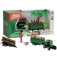 Lobbes Tractor met aanhangwagen, boomstammen en koe