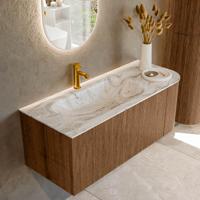 Mondiaz KURVE-DLUX 115 cm Onderkast Greeploos 1 Lade Met Deuren Walnut, Wastafel Solid Surface Links Glace 1 Kraangat Zonder Spiegel (KRVBGS115R1L1D1KL-Wal/Gla)