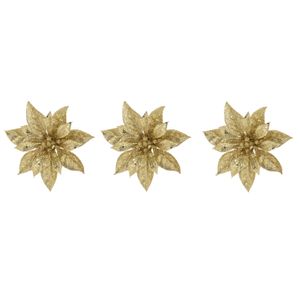 6x stuks decoratie bloemen kerstster goud glitter op clip 15 cm