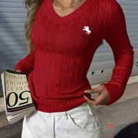 Bon&Bon Women's V-Neck Cable-Knit Sweater - Slim Fit Beige Pullover Red / L