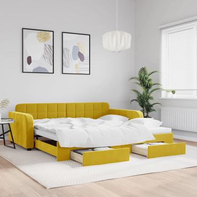 Slaapbank met onderschuifbed en lades 100x200 cm fluweel geel