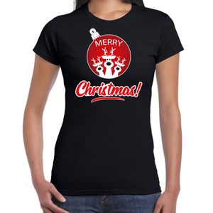 Rendier Kerstbal shirt / Kerst t-shirt Merry Christmas zwart voor dames