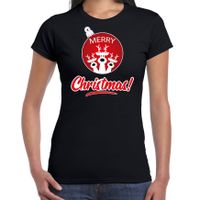 Rendier Kerstbal shirt / Kerst t-shirt Merry Christmas zwart voor dames - thumbnail