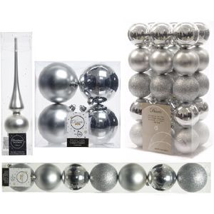 Kerstversiering kunststof kerstballen met piek zilver 6-8-10 cm pakket van 42x stuks