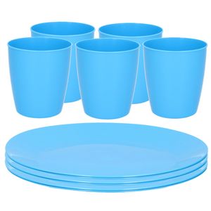 Kunststof ontbijt/diner 6x bordjes 26 cm en 5x bekertjes 300 ML set blauw