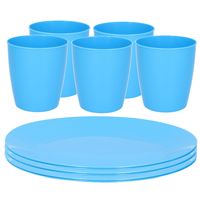 Kunststof ontbijt/diner 6x bordjes 26 cm en 5x bekertjes 300 ML set blauw