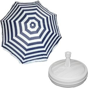 Parasol - blauw/wit - D120 cm - incl. draagtas - parasolvoet - 42 cm