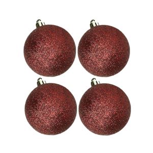 4x stuks kunststof glitter kerstballen donkerrood 10 cm