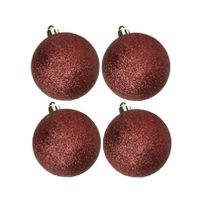 4x stuks kunststof glitter kerstballen donkerrood 10 cm