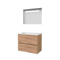 Basic-Line Economic 46 Badkamermeubelset - 80 x 46 cm - Greeploos - 2 Lades - Acryl Wastafel - 1 Kraangat - Spiegel met LED Verlichting - Whisky Oak