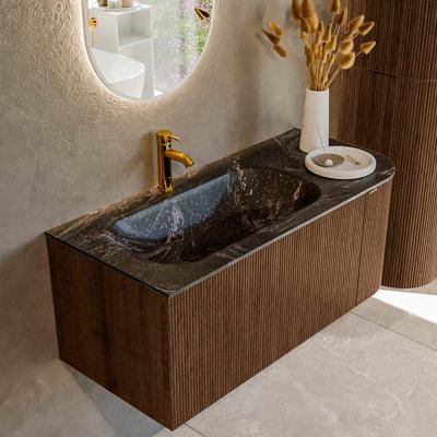 Badmeubel Mondiaz Kurve-Dlux | 105 cm | Meubelkleur Walnut | Wastafelkleur Lava | Solid surface | Links spoelbak | 1 kraangat