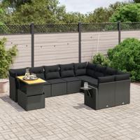 10-delige Loungeset met kussens poly rattan zwart