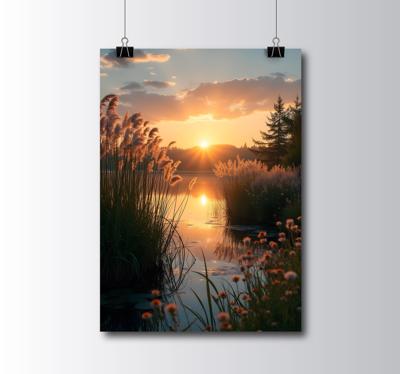 Zonsondergang over het meer realistische fotoposter