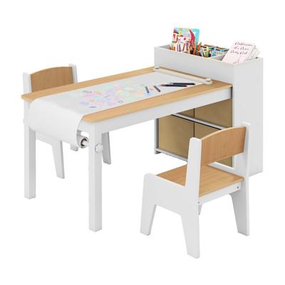 Kindertafel en Stoelenset Tekentafel met 2 Stoelen Papierhouder en Rol 4 Stoffen Bakken Open Planken Activiteitentafel-Naturel