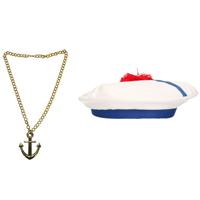 Carnaval verkleed Matrozen hoedje - wit - met gouden anker ketting - volwassenen - thumbnail