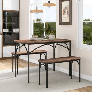 Eettafelset van 3 Stuks voor 4 Personen 120 cm Rechthoekige Houten Tafel en 2 Banken Afgeronde Hoeken Metalen Frame voor Eetkamer