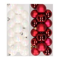 32x stuks kunststof kerstballen mix van parelmoer wit en donkerrood 4 cm - thumbnail