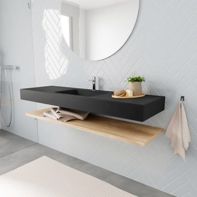 Mondiaz Alan badmeubel 150 cm planchet washed oak vrijhangend wastafel midden 1 kraangat zwart